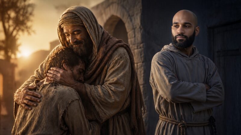 The father embraces the returning prodigal son in mercy while the older son stands apart with folded arms, capturing the tension of who did it better in the prodigal son story as reflected in the Poco a Poco Podcast.
