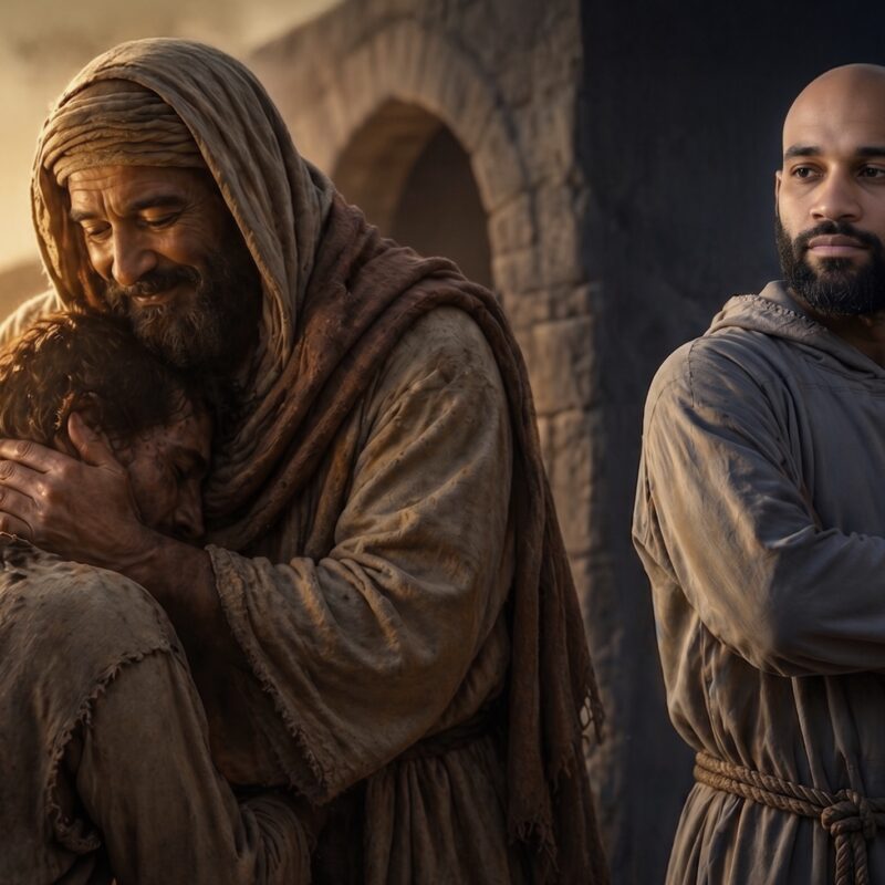 The father embraces the returning prodigal son in mercy while the older son stands apart with folded arms, capturing the tension of who did it better in the prodigal son story as reflected in the Poco a Poco Podcast.