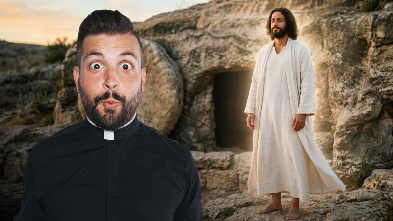 Fr. Tim presents a Reel Homilies Series reflection, standing in front of a cinematic portrayal of the resurrected Jesus in a white robe standing peacefully outside the empty stone tomb.