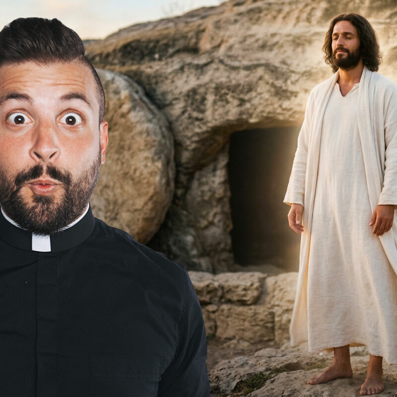 Fr. Tim presents a Reel Homilies Series reflection, standing in front of a cinematic portrayal of the resurrected Jesus in a white robe standing peacefully outside the empty stone tomb.