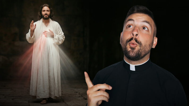 Cinematic and ultra-realistic portrayal of Jesus Christ depicting the Divine Mercy. He stands with one foot forward in a flowing white robe, right hand raised in blessing, as soft red and pale rays emerge from His heart against a dark background. Featured artwork for the Reel Homilies series.