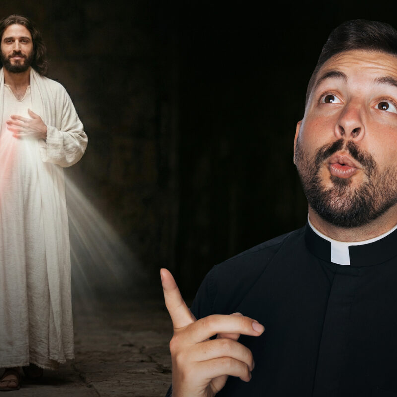 Cinematic and ultra-realistic portrayal of Jesus Christ depicting the Divine Mercy. He stands with one foot forward in a flowing white robe, right hand raised in blessing, as soft red and pale rays emerge from His heart against a dark background. Featured artwork for the Reel Homilies series.