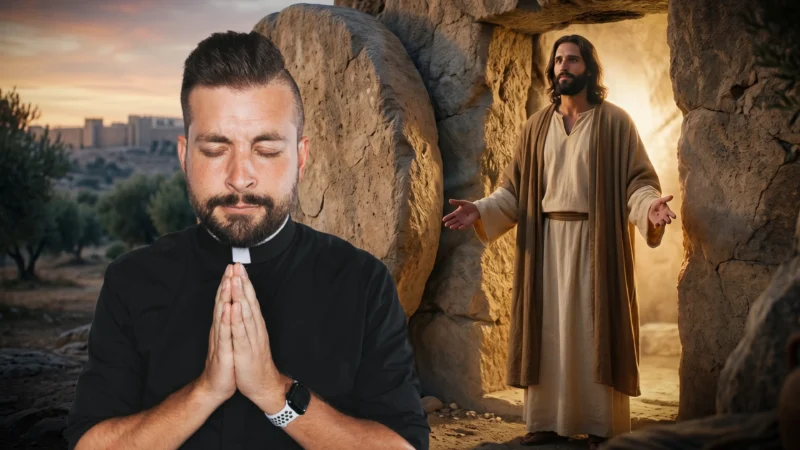 Fr. Tim prays in stillness as the risen Jesus stands at the open tomb bathed in light, capturing the hope of Easter and the invitation of the Fifth Sunday of Easter in Reel Homilies.