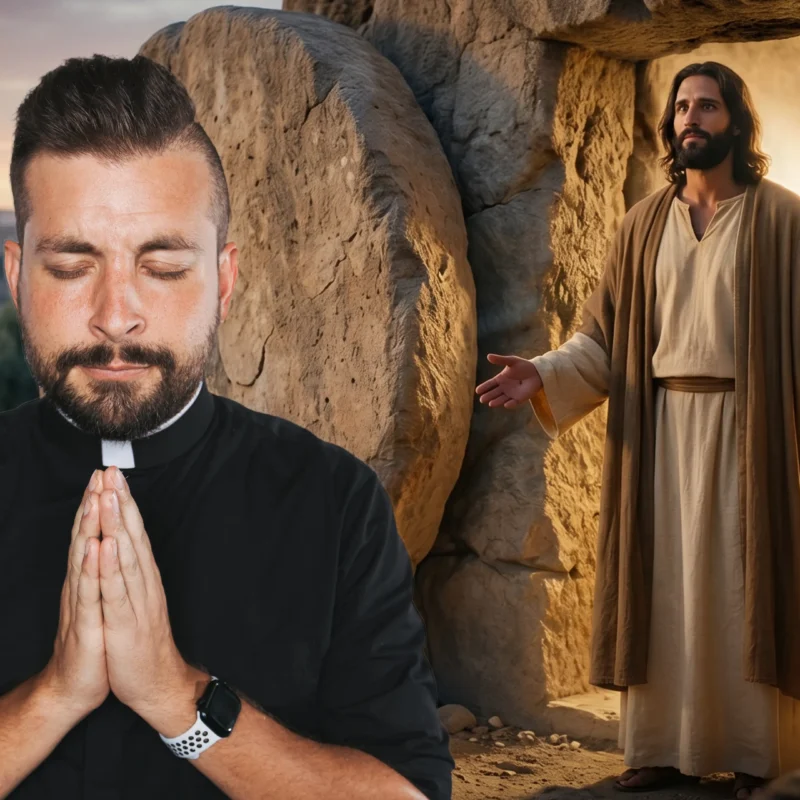 Fr. Tim prays in stillness as the risen Jesus stands at the open tomb bathed in light, capturing the hope of Easter and the invitation of the Fifth Sunday of Easter in Reel Homilies.