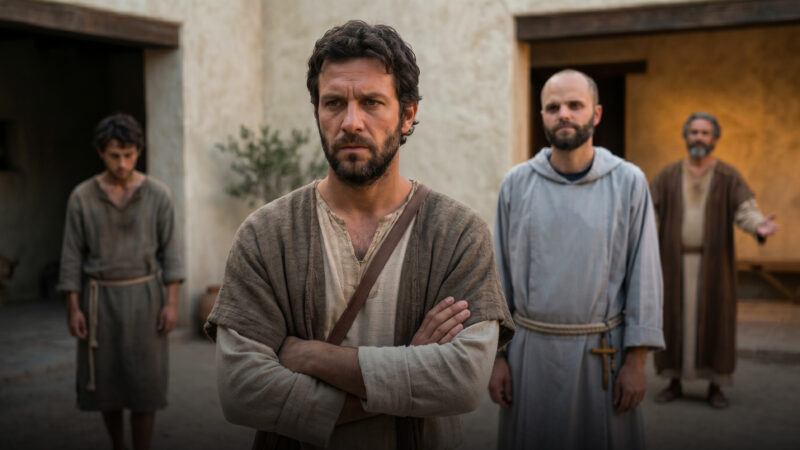 A detailed cinematic image of the older son from the parable of the prodigal son, with a tense and conflicted expression, visibly struggling with forgiveness for his returned brother. He stands with crossed arms in an ancient stone courtyard, dressed in layered rustic tunics, near Fr. Innocent, while his father gestures in the background.