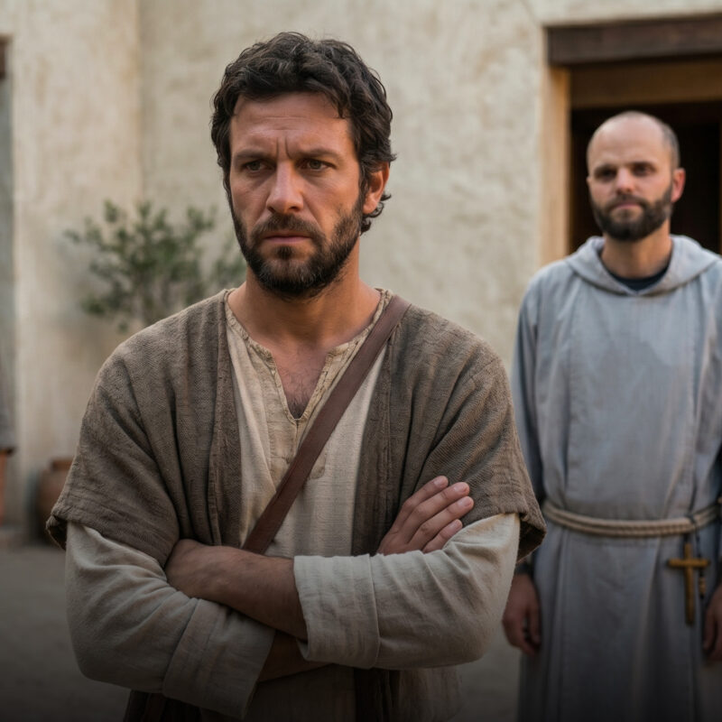 A detailed cinematic image of the older son from the parable of the prodigal son, with a tense and conflicted expression, visibly struggling with forgiveness for his returned brother. He stands with crossed arms in an ancient stone courtyard, dressed in layered rustic tunics, near Fr. Innocent, while his father gestures in the background.