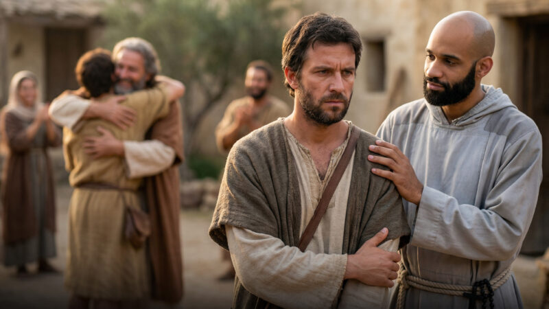 In a cinematic depiction of the parable of the prodigal son, Father PT from the Poco a Poco podcast gently comforts the tense older son in the foreground, while the father joyfully embraces the returning younger brother in the softly blurred background.
