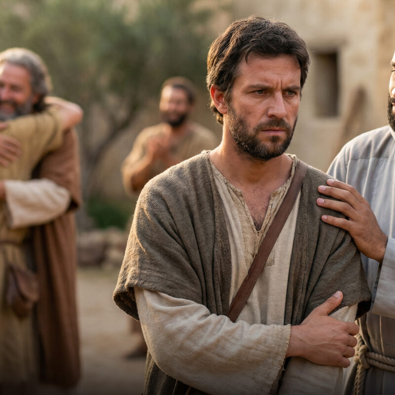 In a cinematic depiction of the parable of the prodigal son, Father PT from the Poco a Poco podcast gently comforts the tense older son in the foreground, while the father joyfully embraces the returning younger brother in the softly blurred background.