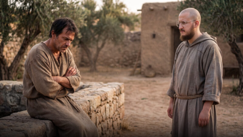 A sorrowful older son sits with folded arms beside a stone wall while a friar stands nearby, reflecting the spiritual tension of the prodigal son story and the inner struggle of the older son in the Poco a Poco Podcast.