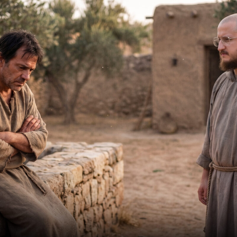 A sorrowful older son sits with folded arms beside a stone wall while a friar stands nearby, reflecting the spiritual tension of the prodigal son story and the inner struggle of the older son in the Poco a Poco Podcast.