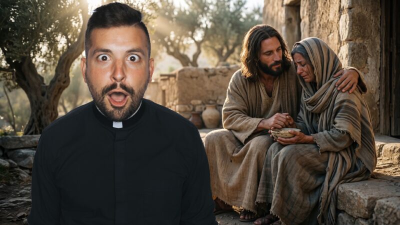 Fr. Tim reacts with wonder beside a tender scene of Jesus comforting a grieving woman, reminding viewers that Jesus is with you in loneliness and that no one is truly alone.