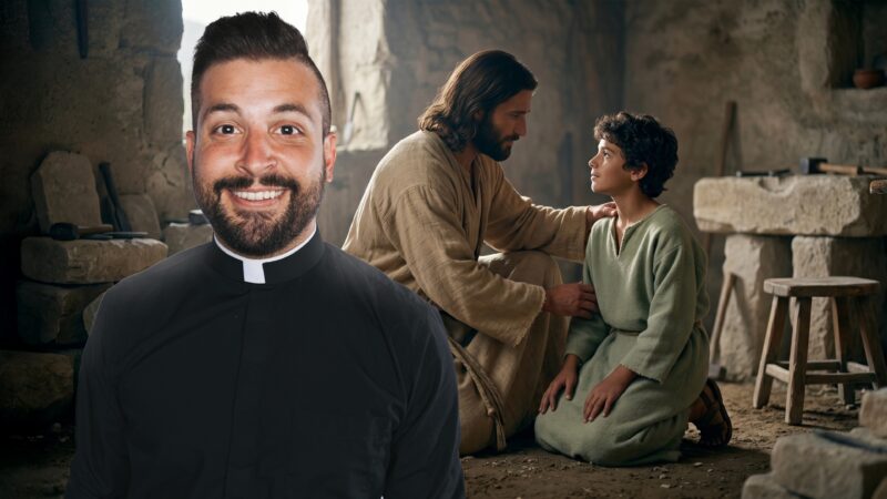 Fr. Tim smiles beside a tender scene of Jesus comforting a child, reflecting the Easter call of the Sixth Sunday of Easter to be Jesus for others through love, presence, and compassion.