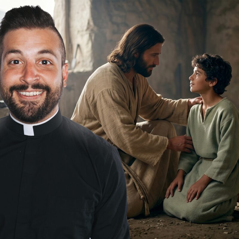 Fr. Tim smiles beside a tender scene of Jesus comforting a child, reflecting the Easter call of the Sixth Sunday of Easter to be Jesus for others through love, presence, and compassion.