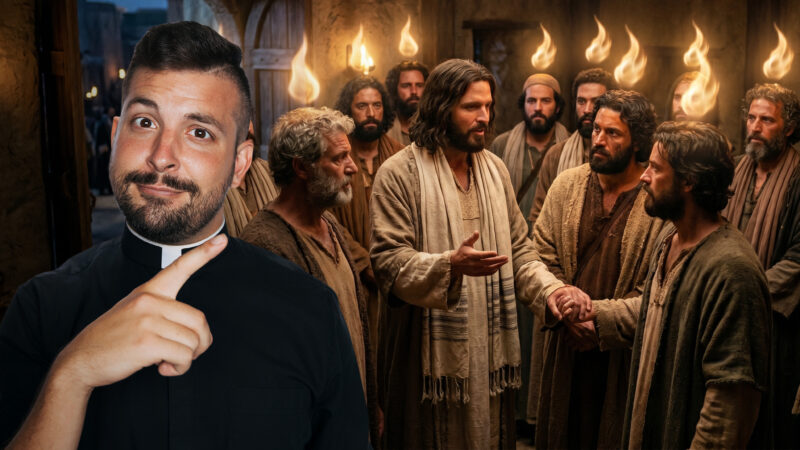 Fr. Tim points beside a vivid Pentecost scene as Jesus stands among the disciples beneath tongues of fire, reflecting the call to light the world on fire with the Holy Spirit in Reel Homilies.