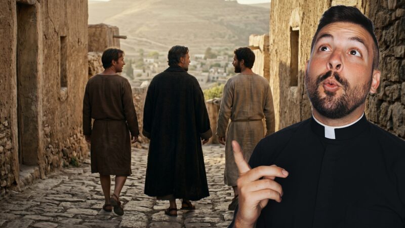 A Reel Homilies thumbnail about the Most Holy Trinity shows a priest in the foreground pointing upward while three robed figures walk down a stone village road, illustrating the mystery of the Trinity in a reverent, biblical setting.