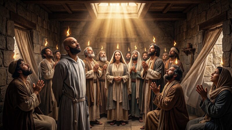 Fr. Pierre Toussaint, C.F.R. stands in prayer as flames of the Holy Spirit descend over Mary and the disciples, reflecting How Does Jesus See My Sin? and the mercy Jesus brings into our sin. A representation of this week's Poco a Poco Podcast episode.