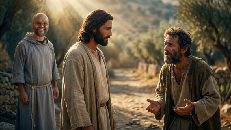 Jesus stands in gentle light and listens as a man reaches toward Him with open hands, reflecting the revelation of the resurrected one as a personal encounter of mercy, recognition, and hope in a Poco a Poco Podcast episode.
