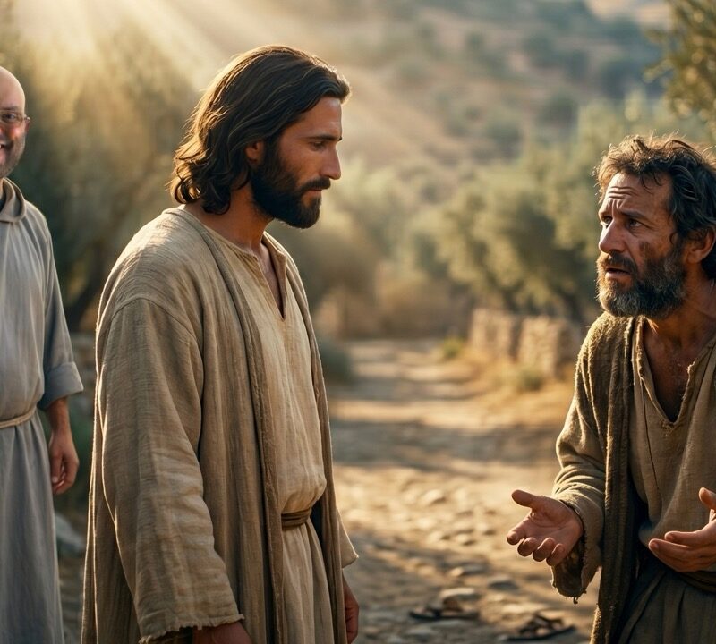 Jesus stands in gentle light and listens as a man reaches toward Him with open hands, reflecting the revelation of the resurrected one as a personal encounter of mercy, recognition, and hope in a Poco a Poco Podcast episode.