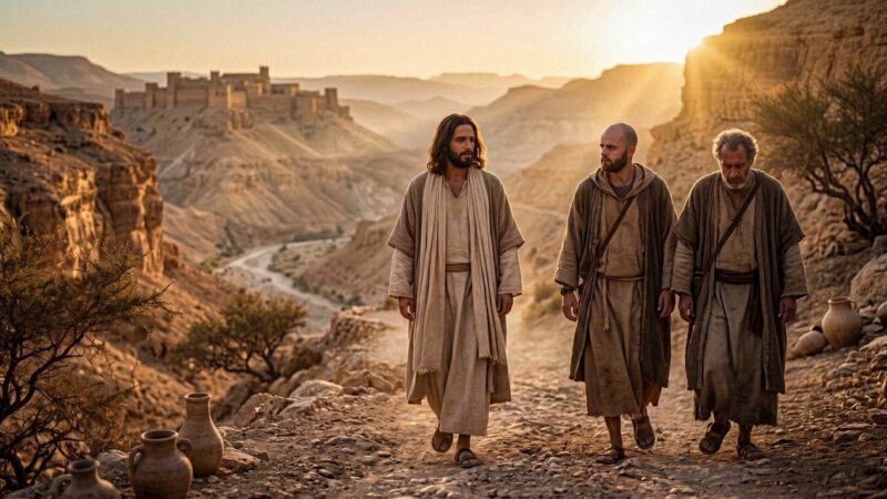 Jesus walks with Fr. Innocent Montgomery, C.F.R. and another disciple through a quiet desert road, reflecting the Poco a Poco Podcast theme of winning through rest, trust, and walking with Christ.