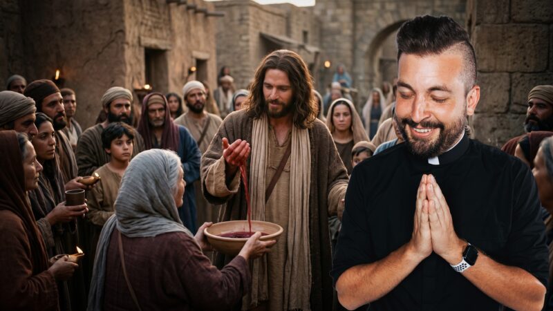 Fr. Tim prays beside a scene of Jesus offering a humble gift to the crowd, reflecting the Corpus Christi 2026 message that even when we feel not good enough, Jesus can receive what we bring and make it enough.