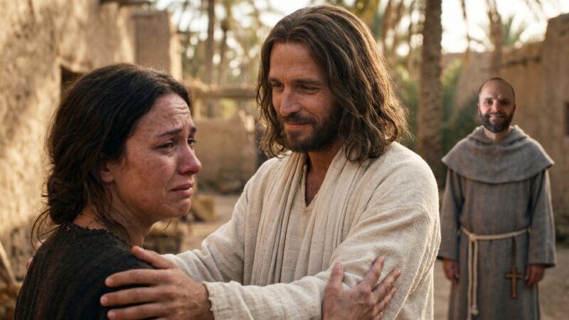 Jesus comforts a tearful woman while a friar stands nearby, reflecting the Poco a Poco Podcast episode Borrowing Peace and the Catholic message that peace in Jesus is something we can receive, borrow, and carry when we feel overwhelmed.