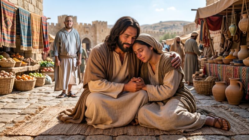 Jesus tenderly comforts a woman in a marketplace scene, reflecting the Poco a Poco Podcast theme Intimacy with Jesus: Ask, Seek, Knock and the invitation to draw close to Him in prayer.
