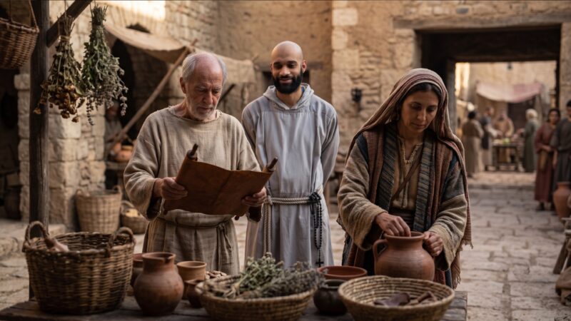 A friar stands with two villagers reading a scroll and preparing goods in a marketplace, reflecting the Poco a Poco Podcast episode Knicks in Five and the Catholic message that Christ's victory is our victory, shared in the joy of Christian community and belonging.
