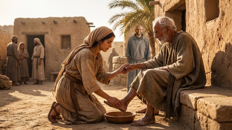 A woman gently washes an elderly man’s feet while a friar looks on in the background, reflecting the Poco a Poco Podcast theme Seen, Known and Understood by God for anyone feeling unseen and longing to be seen by God.