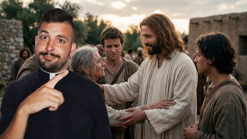 Fr. Tim points beside a scene of Jesus comforting a worried woman and His disciples, reflecting the Reel Homilies message for the 12th Sunday in Ordinary Time about struggling with anxiety, overcoming fear, and trusting Jesus.