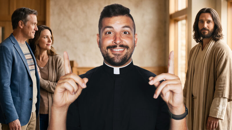Fr. Tim smiles between a couple and Jesus, reflecting the Reel Homilies episode for the 13th Sunday in Ordinary Time about who comes first in your life, putting Jesus first, and making Him the center of every love and priority.