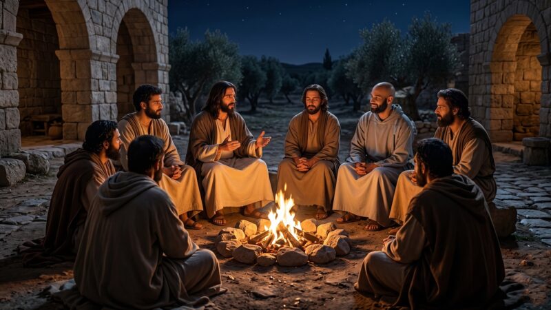 Jesus speaks to His disciples around a fire at night, reflecting the Poco a Poco Podcast theme Words and the Word and the power of words to reveal truth, bring life, and draw hearts closer to God.