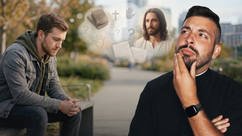 Fr. Tim reflects beside a man thinking about faith, philosophy, and Jesus, illustrating the Reel Homilies message that Christianity is not a philosophy but a living encounter with Jesus Christ that transforms us.