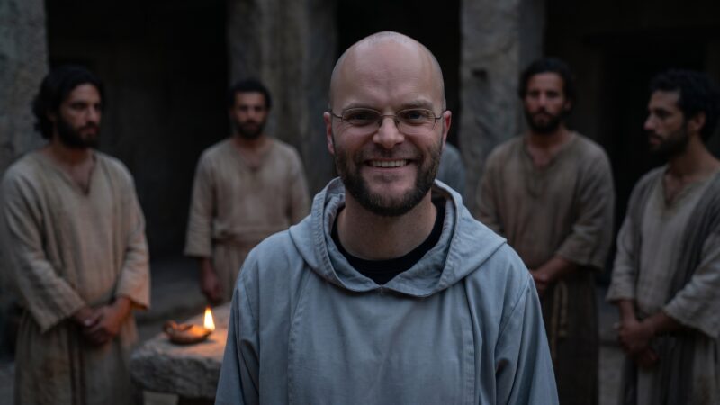 A smiling friar stands in the foreground while several men stand behind him in a dim stone courtyard, illustrating comparison and insecurity and pointing to identity in Christ in this Poco a Poco Podcast episode.
