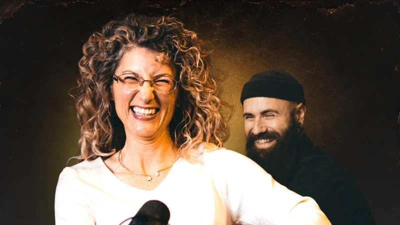 Sonja Corbitt smiling and host Rob Kaczmark appear in a dramatic Flicker and Burn thumbnail for Catholic conversion story, exploring trauma healing, core wounds, and Catholic emotional healing.