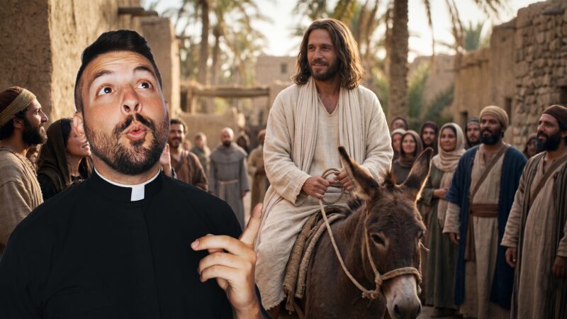 Fr. Tim points toward Jesus riding a donkey through a crowd, reflecting the 14th Sunday in Ordinary Time message on the humility of Jesus, servant leadership, and humbling ourselves before God.