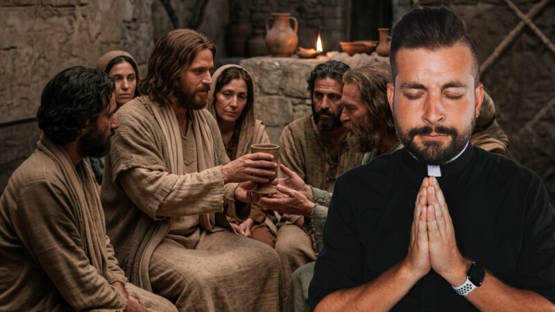 Thumbnail for Reel Homilies showing Jesus offering a cup to his disciples while a priest prays in the foreground, illustrating “Jesus Gives Everything” and the themes of the blood of Jesus, redemption, and Christ’s abundant love.