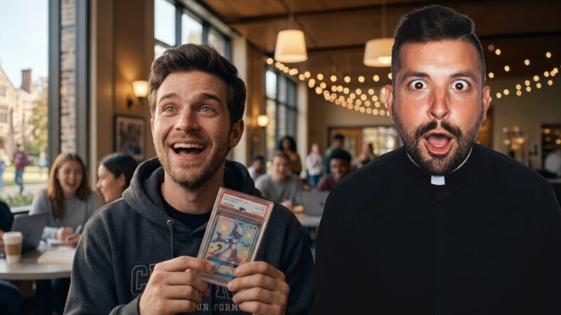 Fr. Tim reacts beside a joyful student holding a valuable card, illustrating the Reel Homilies message on the kingdom of heaven, the treasure in the field, and choosing eternity with Jesus as the greatest treasure.
