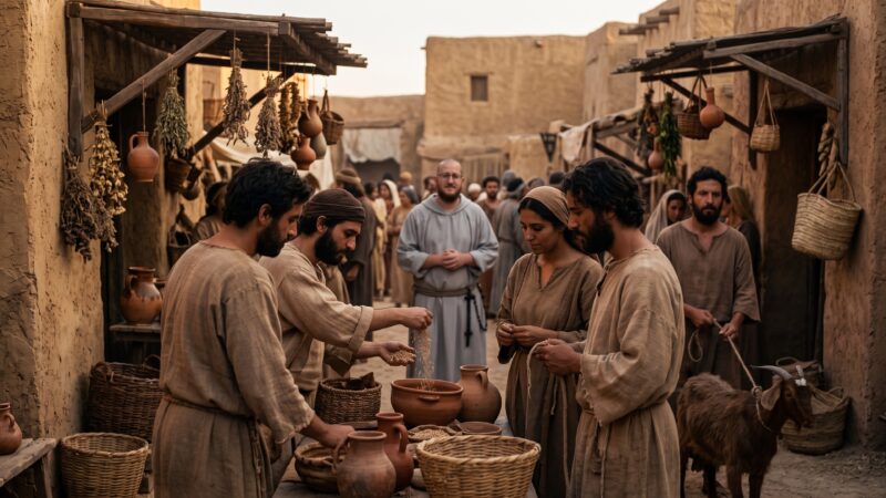 A biblical-style village scene shows several people gathered around a market table, measuring grain and working together, while a friar stands prayerfully in the background, illustrating human limitations, humble service, and a Catholic reflection on leadership for the Poco a Poco Podcast episode “Limited Men: Learning to Serve Within Human Limits.”