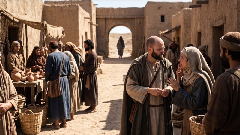 A biblical-style marketplace scene shows Fr. Innocent speaking quietly with a woman while others gather nearby, reflecting the Poco a Poco Podcast episode on Catholic teaching on gossip, the sin of gossip, and how to stop gossiping with charity.