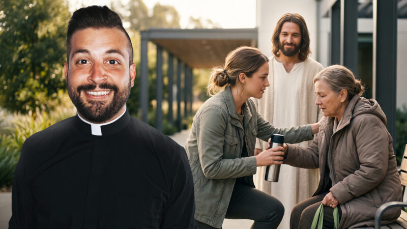 Fr. Tim appears in the foreground while, in the background, a young woman kindly helps an older woman and a gentle image of Jesus looks on, illustrating pre-evangelization through goodness, truth, and beauty in this Reel Homilies reflection for the 15th Sunday in Ordinary Time.