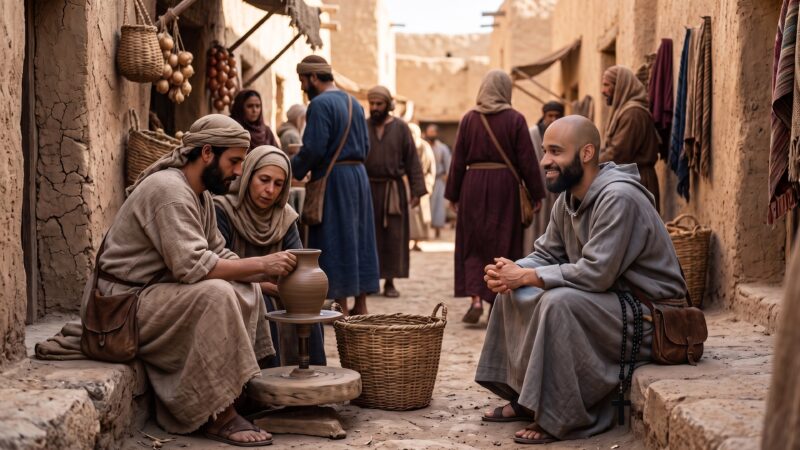 A friar sits quietly across from a potter shaping clay in a busy biblical-style marketplace, reflecting the Poco a Poco Podcast episode Silence of the Senses and the Catholic call to holy silence, contemplative prayer, and custody of the senses.