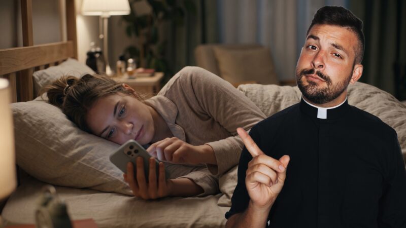 A Reel Homilies thumbnail for the 19th Sunday in Ordinary Time shows a woman lying in bed doom scrolling on her phone while a Fr. Tim gestures beside her, illustrating a Catholic reflection on anxiety, distraction, and keeping your eyes on Jesus.