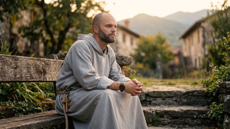 Thumbnail for the Poco a Poco Podcast showing a friar seated quietly on a rustic bench in a peaceful village setting, reflecting on “Silence of Memory” and the themes of healing memories, holy silence, Catholic healing prayer, and bringing past wounds to Jesus.